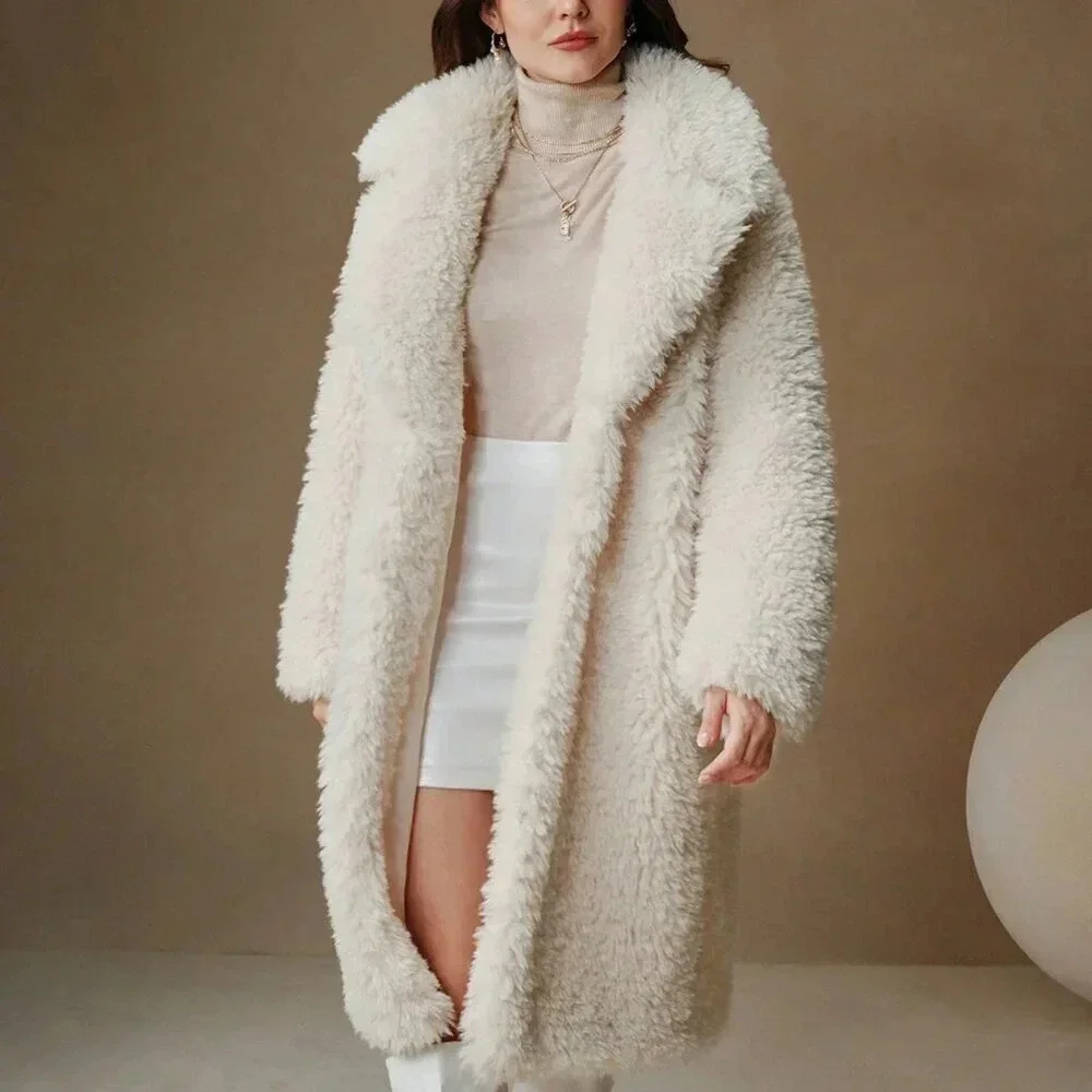 Beige Casual Women's Fluffy Faux Fur Long Classic Versatile Coat - Picture 2 of 5